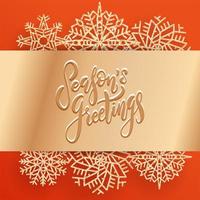Wide golden bow with Season s greetings lettering text. Christmas Party poster design template. Luxury shining golden snowflakes peeking out from under the ribbon. Greeting card Vector illustration