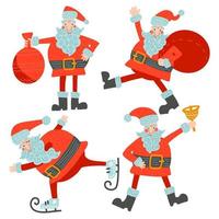 Set of different character cute Santa Claus with ice skate, bell, red bag. Isolated Design elements for decoration banner, poster, flyer, greeting card. Vector flat doodle scandinavian style.