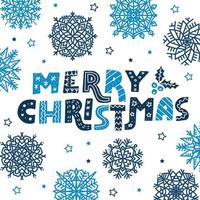 Poster with hand drawn colorful lettering Merry Christmas and snowflakes in flat scandinavian style.. vector