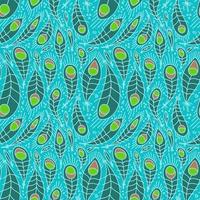 Stylized linear peacock feathers background. Vector seamless pattern in bright colors. Flat vector Illustration for paper, fabric and textille in hand drawn doodle style.