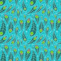 Stylized linear peacock feathers background. Vector seamless pattern in bright colors. Flat vector Illustration for paper, fabric and textille in hand drawn doodle style.