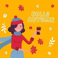 Cute girl in warm sweater holding cup of hot cocoa or coffee with hello autumn lettring quote and flying bright leaves. Autumn card template for greeting cards vector
