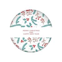 Christmas invitation or greeting card in paper cut style. Merry Christmas and New Year. Pattern with branches and berries. Layered concept with shadows. vector