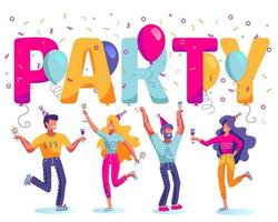 Group of happy, joyful people celebrating holiday, event. Man and woman characters in holiday cap dancing near large letters PARTY with confetti and balloons on white background. People on the party. vector