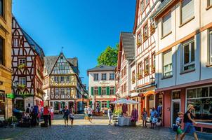 Mainz, Germany - August 12, 2017 Traditional german houses with typical wooden facade fachwerk style in Mainz photo