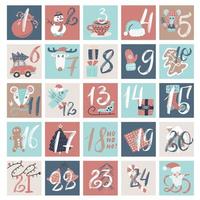Calendario de adviento. ilustración de vector de doodle de calendario de cuenta regresiva de diciembre, fondo de dibujos animados de invierno creativo de nochebuena con números.