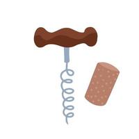 Corkscrew and cork vector illustration isolated on white background. Bottle opener and wooden cork, steel spiral corkscrew with vintage handle design. Flat hand drawn element.