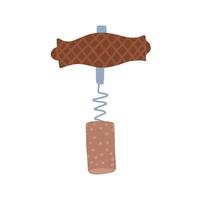 Old wine corkscrew with a wooden handle and cork. Flat hand drawn vector illustration.