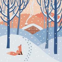 Festive New Year landscape. Frosty Winter forest with drifts, deciduous trees, wooden house and cute fox. Flat hand drawn vector illustration.