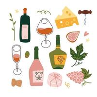Set of stylized wine bottles, wine glasses, grapes and cheese illustration. Wine party collection. Flat hand drawn vector illustration.