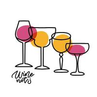 Monoline drawing of cfour glasses with alcoholic beverages. Abstract minimalistic concept with lettering quote Wine not in linear style isolated on white background. Vector hand drawn illustration