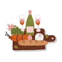 Red wine bottle with brie cheese, baguette bread, salami, olives, grapes on the wood cutting boatd. Vector flat side view vector illustration.