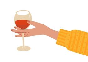 Female Hand Holding Glass Of Red Wine Burgundy. Woman s arm in knitted sweater. Vector flat hand drawn Illustration.