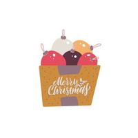 bolas de decoración de navidad en concepto de caja de cartón en estilo plano de dibujos animados coloridos. feliz navidad diseño de garabatos dibujados a mano para tarjetas de felicitación. vector