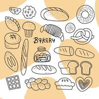 Hand drawn doodle sketch set of breads and buns in line art style. Vector linear illustration of bakery collection in black.