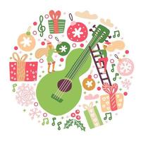 Round composition of acoustic guitar with Christmas decor and snowflakes. Misic festival vector background concept in doodle hand drawn colored style. Print with Huge guitar, gift boxes, little woman