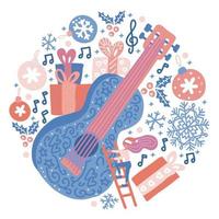Circle composition of acoustic guitar with Christmas decor and snowflakes. Misic festival vector background concept in doodle hand drawn colored style. Print with Huge guitar, gift boxes, little woman