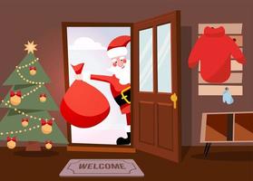 Santa claus looking out doorway and coming home with red gift bag. Merry christmas vector cartoon flat illustration. Santa enters the door to the hallway.