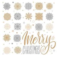 Merry Christmas square Background with Gold and Silver Snowflakes on White with brush lettering quote. Vector Illustration. Strict grid layout