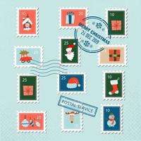 sellos postales de santa navideños para tarjetas de felicitación. conjunto vectorial de sello navideño con ilustración plana de fideos de decoraciones y personajes navideños