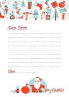 A4 Christmas letter to Santa Claus template. Decorated paper sheet with Santa character illustration and hand drawn pattern with xmas decor. vector