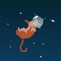 Funny cats astronauts in space isolated on starry sky background, vector illustration. Cat as a cosmonaut, space suit, funny futuristic design. Astronaut. Kitty in astronaut helmet Flying in space.