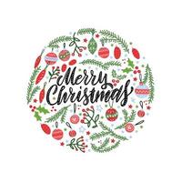 Christmas background of circular shape with pine tree branches and xmas balls. Handwritten text Merry Christmas. Holiday hand drawn greeting card, banner, web poster vector