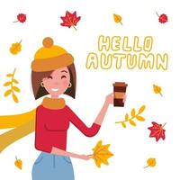 Poster with young girl with a takeaway coffee drink in a red sweater in autumn windy day. Autumn illustration with brunette young woman. Design with falling colorful leaves and hello autumn lettering