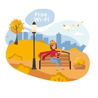 Young woman sitting in autumn park on bench with phone and holding coffee. Vector flat cartoon illustration. Free wifi zone and city park web posters. Girl enjoying fall.