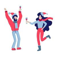 hombre y mujer celebrando en una fiesta de navidad. pareja en ropa de abrigo, con sombreros de santa y bufandas con gafas celebran las vacaciones en una fiesta al aire libre de año nuevo. ilustración vectorial dibujada a mano vector