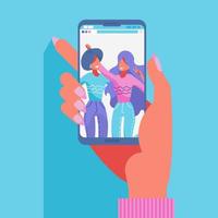 Group of two female friends taking a photo with a smartphone. Taking a selfie. Friendship concept. Vector flat hand drawn modern illustration. Happy friendship day poster