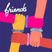 Happy friendship day illustration. Colorful four hands crossed together on dark blue background. Vector illustration of friendship with lettering text Friends.Holiday of togetherness, unity,having fun