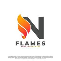 Flame with Letter N Logo Design. Fire Vector Logo Template