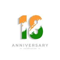 Celebración del aniversario de 18 años con barra blanca de pincel en azafrán amarillo y color verde de la bandera india. saludo de feliz aniversario celebra evento aislado sobre fondo blanco vector