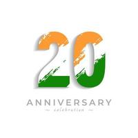 Celebración del aniversario de 20 años con barra blanca de pincel en azafrán amarillo y color verde de la bandera india. saludo de feliz aniversario celebra evento aislado sobre fondo blanco vector