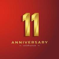 Celebración del aniversario de 11 años con color dorado brillante para eventos de celebración, bodas, tarjetas de felicitación y tarjetas de invitación aisladas en fondo rojo vector
