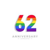 Celebración del aniversario de 62 años con el color del arco iris para el evento de celebración, la boda, la tarjeta de felicitación y la invitación aislada en el fondo blanco vector