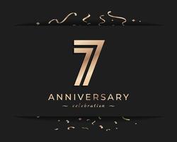 7 Year Anniversary Celebration Logotype Style Design. Happy Anniversary Greeting Celebrates Event with Golden Multiple Line and Confetti Isolated on Dark Background Design Illustration vector