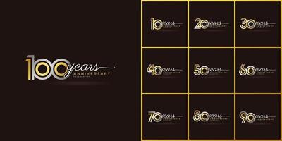 conjunto de logotipo de celebración de aniversario de año con varias líneas vinculadas de color plateado y dorado para evento de celebración, boda, tarjeta de saludo e invitación aislado en fondo oscuro vector
