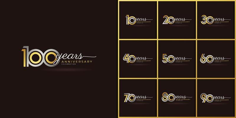 Set of Year Anniversary Celebration Logotype with Linked Multiple Line Silver and Golden Color for Celebration Event, Wedding, Greeting Card, and Invitation Isolated on Dark Background