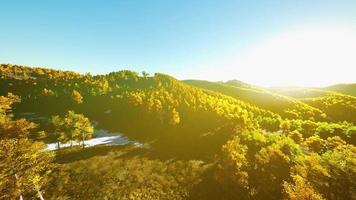 Colorful mountains range in autumn season with red orange and golden foliage video