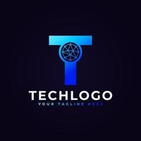 logotipo de la letra t de tecnología. forma geométrica azul con círculo de puntos conectado como vector de logotipo de red. utilizable para logotipos de negocios y tecnología.