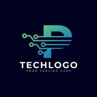 logotipo de la letra p de tecnología. plantilla de logotipo vectorial futurista con color degradado verde y azul. forma geometrica. utilizable para logotipos de negocios y tecnología. vector