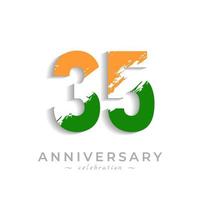 Celebración del aniversario de 35 años con barra blanca de pincel en azafrán amarillo y color verde de la bandera india. saludo de feliz aniversario celebra evento aislado sobre fondo blanco vector