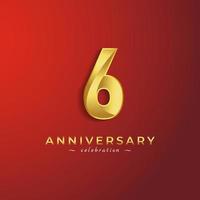 6 Year Anniversary Celebration with Golden Shiny Color for Celebration Event, Wedding, Greeting card, and Invitation Card Isolated on Red Background
