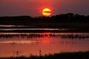 Setting sun reflecting off Saskatchewan pond photo