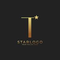 Logotipo abstracto de la estrella inicial de la letra t. oro una letra con combinación de icono de estrella. utilizable para logotipos comerciales y de marca. vector