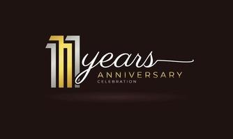 11 Year Anniversary Celebration Logotype with Linked Multiple Line Silver and Golden Color for Celebration Event, Wedding, Greeting Card, and Invitation Isolated on Dark Background vector