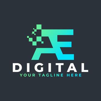 Tech Letter AE Logo. Blue and Green Geometric Shape with Square Pixel Dots. Usable for Business and Technology Logos. Design Ideas Template Element. vector
