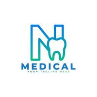 Dental Clinic Logo. Blue Linear Shape Letter N Linked with Tooth Symbol inside. Usable for Dentist, Dental Care and Medical Logos. Flat Vector Logo Design Ideas Template Element.
